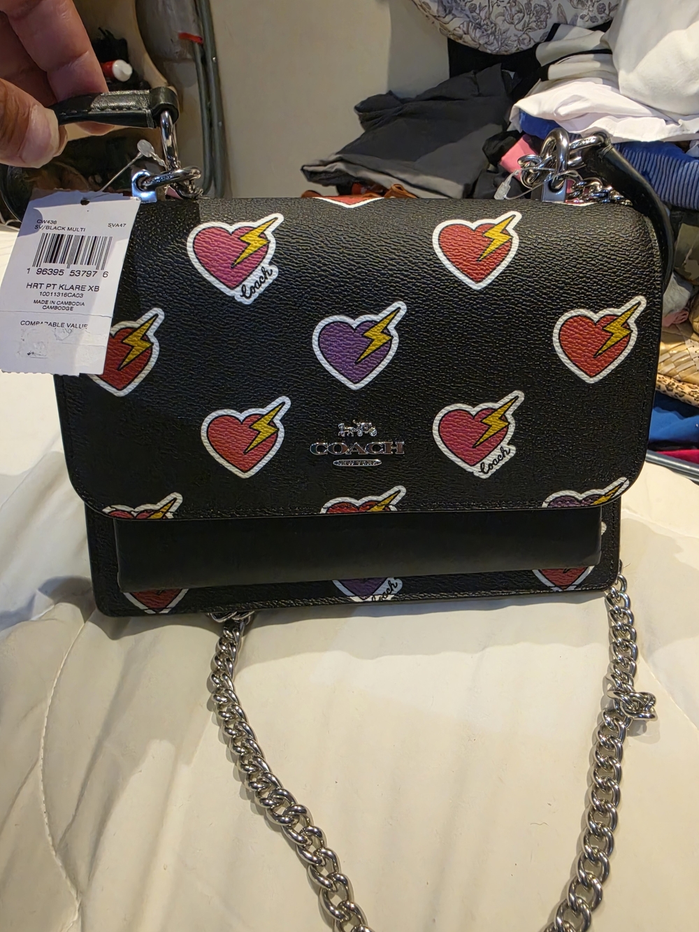 Coach Black Leather Crossbody Bag with Red and Purple Heart Lightning Patches
